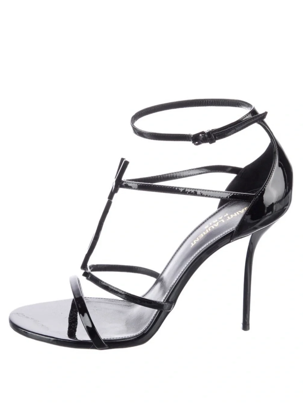 Saint Laurent Black Patent Strappy Heeled Sandals with YSL Logo - Picture 2 of 6